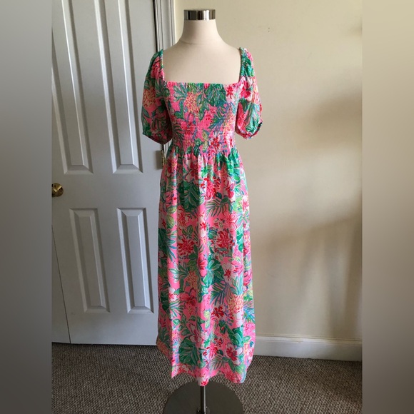 Lilly Pulitzer NWT Smocked Midi short sleeves dress pink green size M - Picture 5 of 9